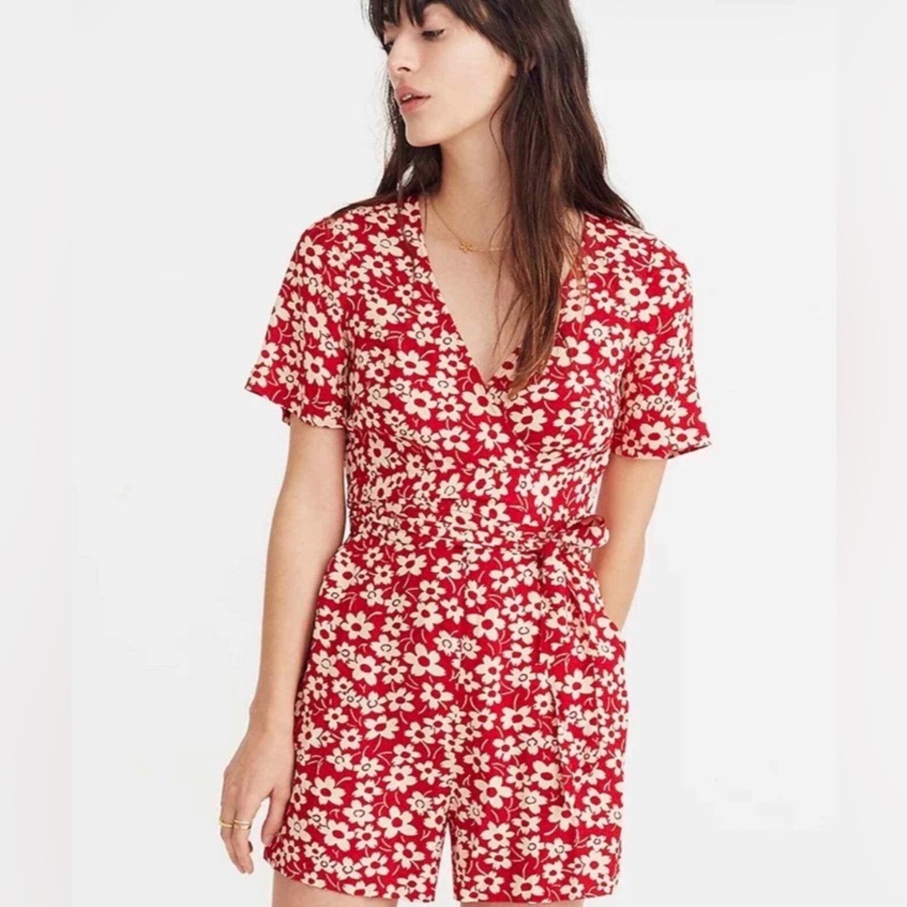 Madewell Floral Wrap Romper | Red & Cream Daisy Print | Size 8 | NWT